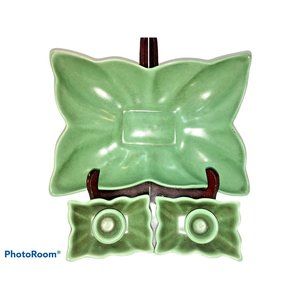 CAMARK Pottery Table Set Console Bowl with 2 Candle Holders Green Matte Glaze